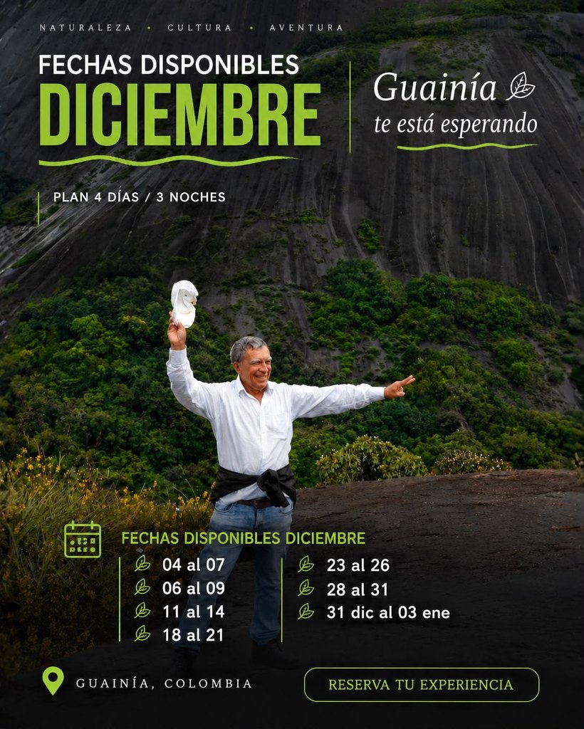 Fechas disponibles diciembre para los Cerros de Mavicure, Guainía: 04-07, 06-09, 11-14, 18-21, 23-26, 28-31, 31 dic-03 ene