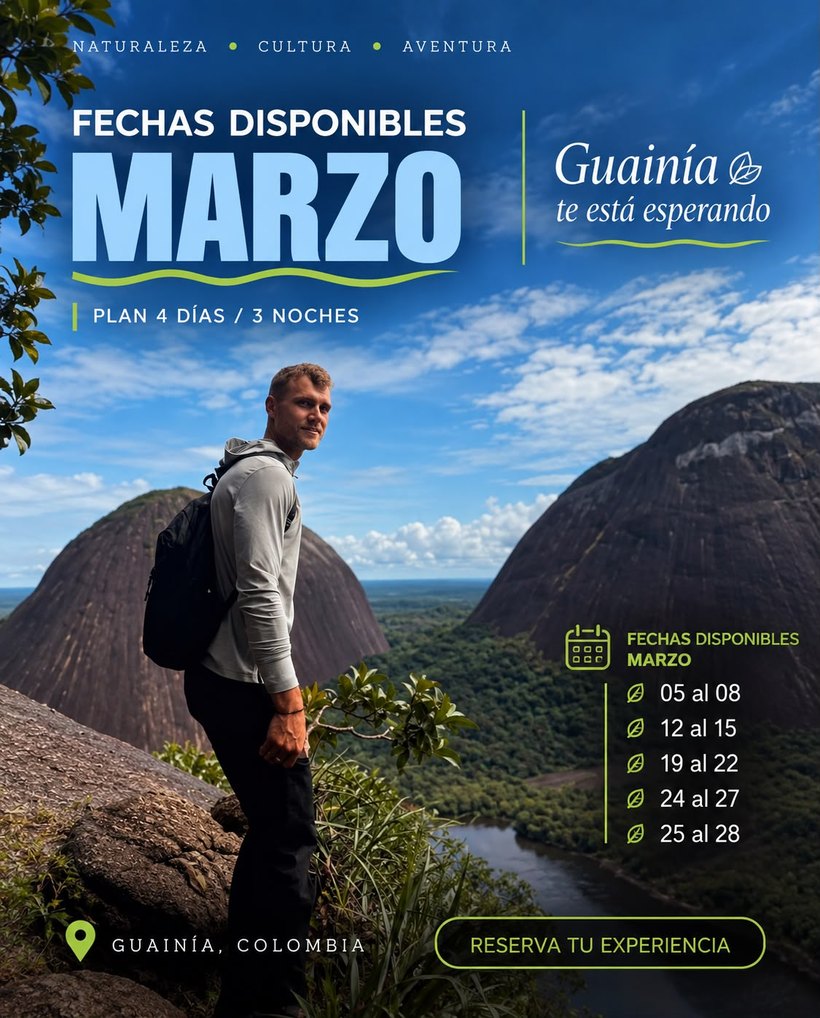 Fechas disponibles marzo para los Cerros de Mavicure, Guainía: 05-08, 12-15, 19-22, 24-27, 25-28