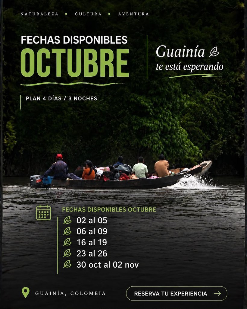 Fechas disponibles octubre para los Cerros de Mavicure, Guainía: 02-05, 06-09, 16-19, 23-26, 30 oct-02 nov